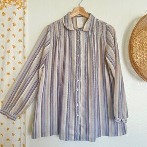 Vintage 70s Prairie Striped Blouse Cottagecore Oversized Top